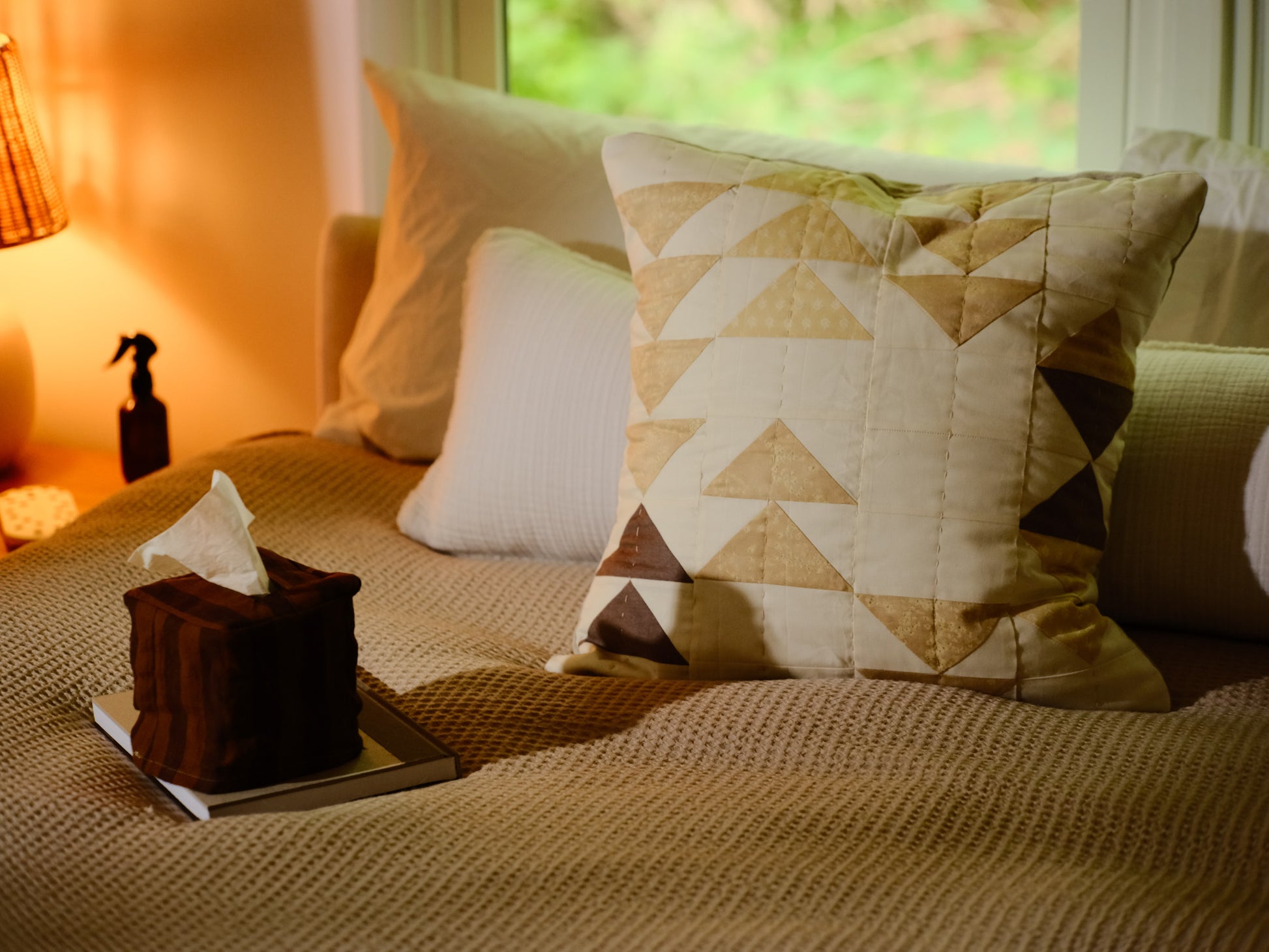 Decorative pillows on a bed with a tissue box and book in the foreground.